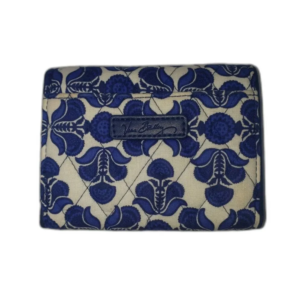 Vera Bradley Trifold Wallet Petite Colbalt Tile Blue and White Quilted Cotton - Picture 2 of 4